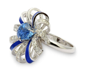 Sapphire, diamond and enamel ring with 18 carat white gold