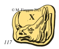 Rhinoceros head hallmark facing left with a complete horn, surrounded by a shaped border.