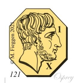 Hallmark of a Greek doctor 's bust facing right in an irregular octagon,