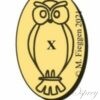 Owl hallmark seen from the front in an oval frame.