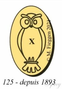Owl hallmark seen from the front in an oval frame.