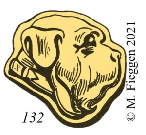Mastiff's head hallmark facing right surrounded by a shaped border, assay office symbol inscribed on the collar.