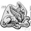 Large hallmark of chimera facing right surrounded by a shaped border with assay office symbol between the wing and the rump.