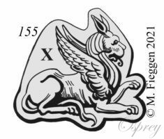 Large hallmark of chimera facing right surrounded by a shaped border with assay office symbol between the wing and the rump.