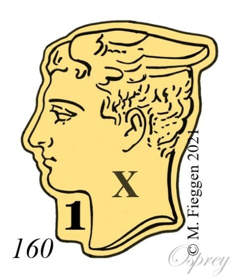 Mercury head hallmark facing left surrounded by a shaped border