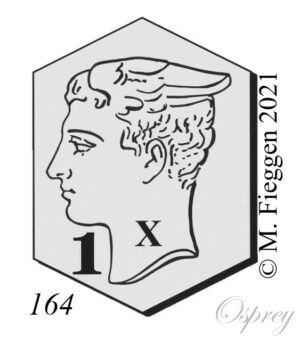 Mercury head hallmark facing left in an irregular hexagon