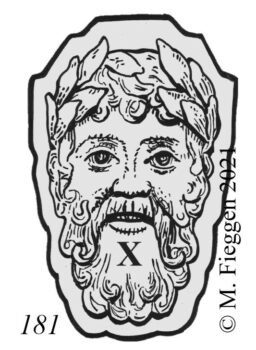 Mascaron hallmark of the head of a bearded man, seen from the front, surrounded by a shaped border.