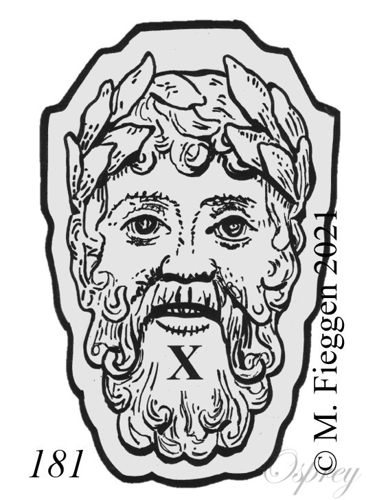 Mascaron hallmark of the head of a bearded man, seen from the front, surrounded by a shaped border.