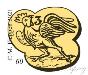 Poinçon de coq debout dans un cadre trilobé, chiffre 3 à droite de la tête pour or 3ème titre (750/000). Départements 1809-1819.